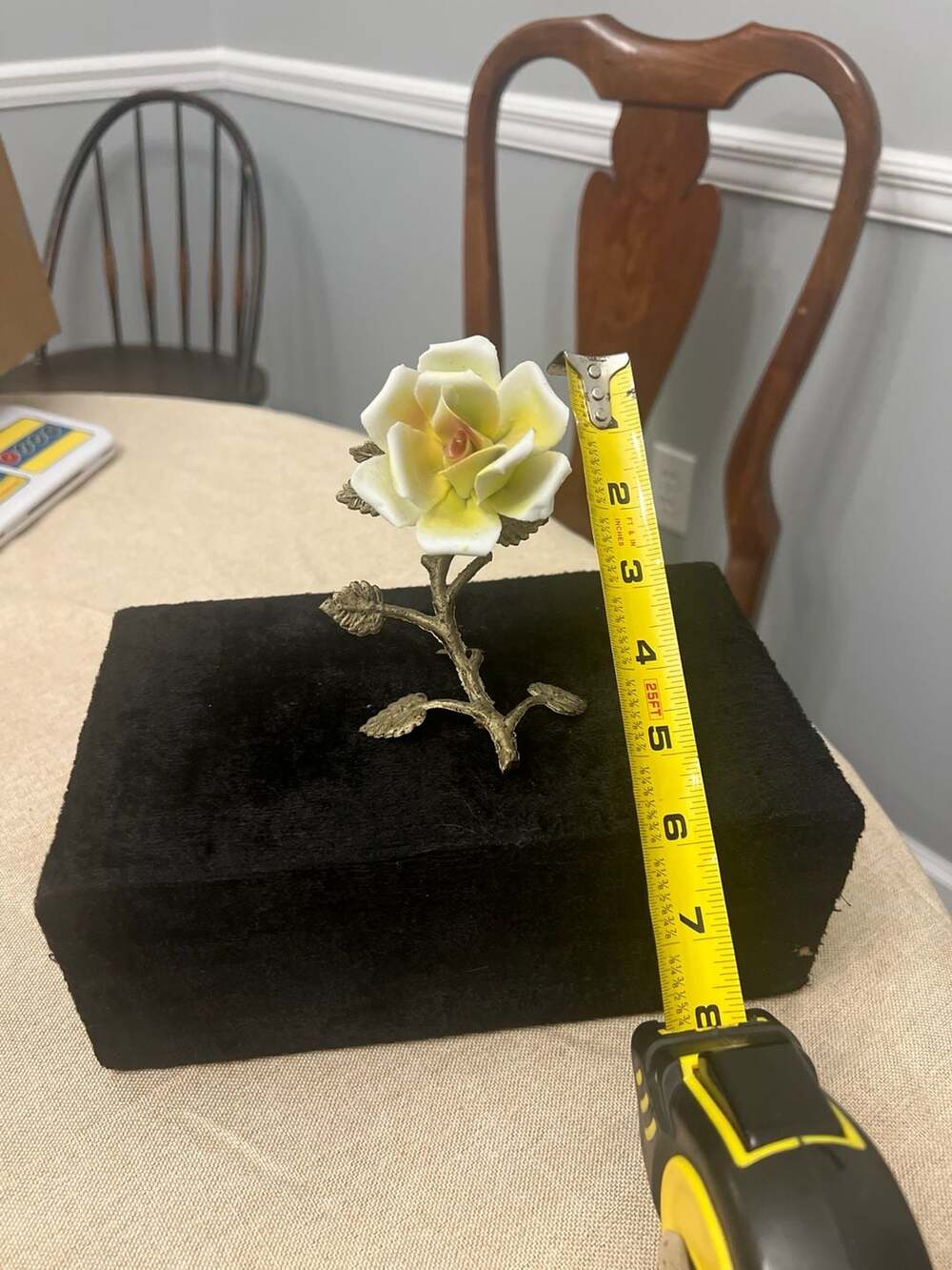 Vintage Capodimonte Porcelain Yellow & White Rose on Metal Stem Figurine, 4.5"